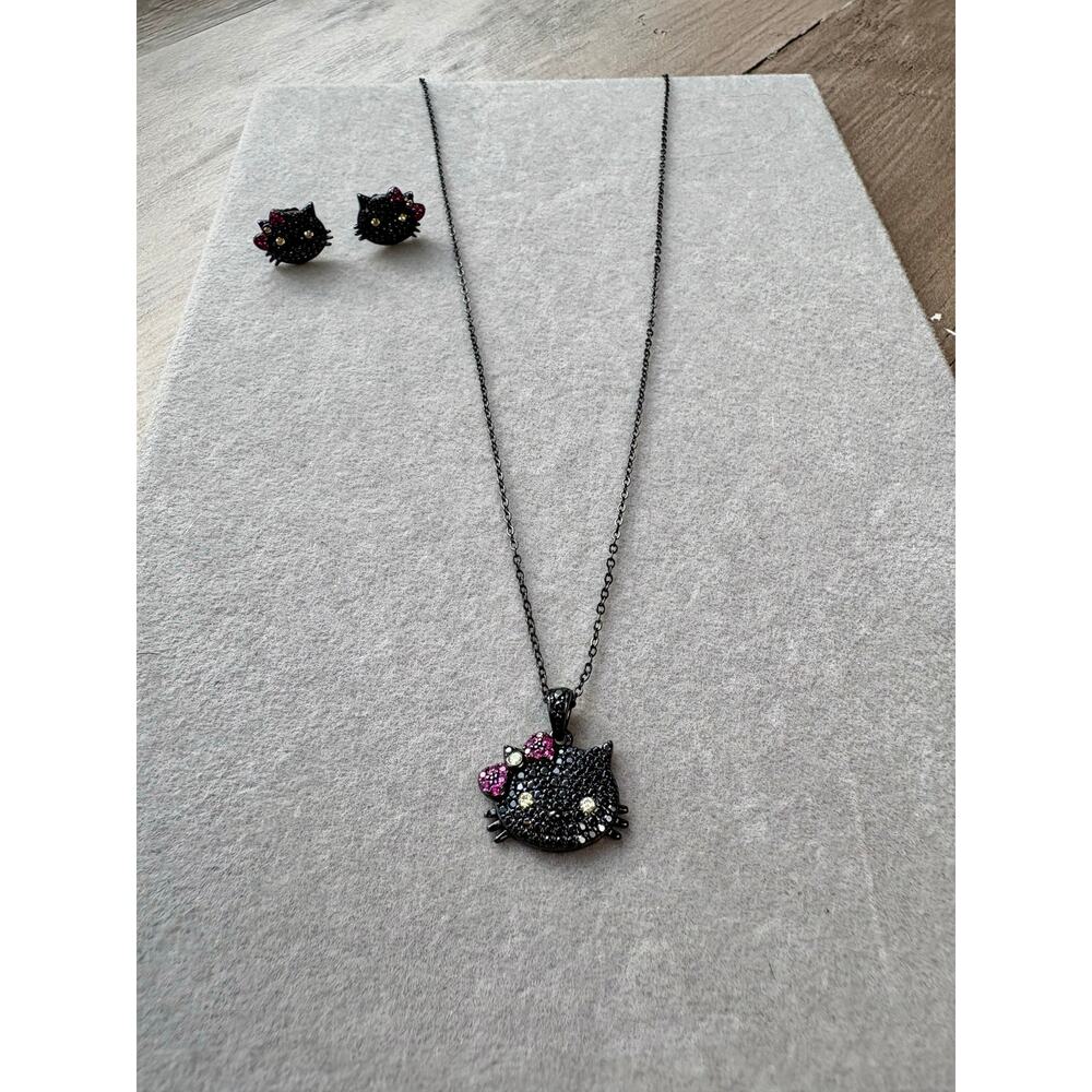 Hello Kitty Moissanite Sterling Silver Necklace & Earring Set